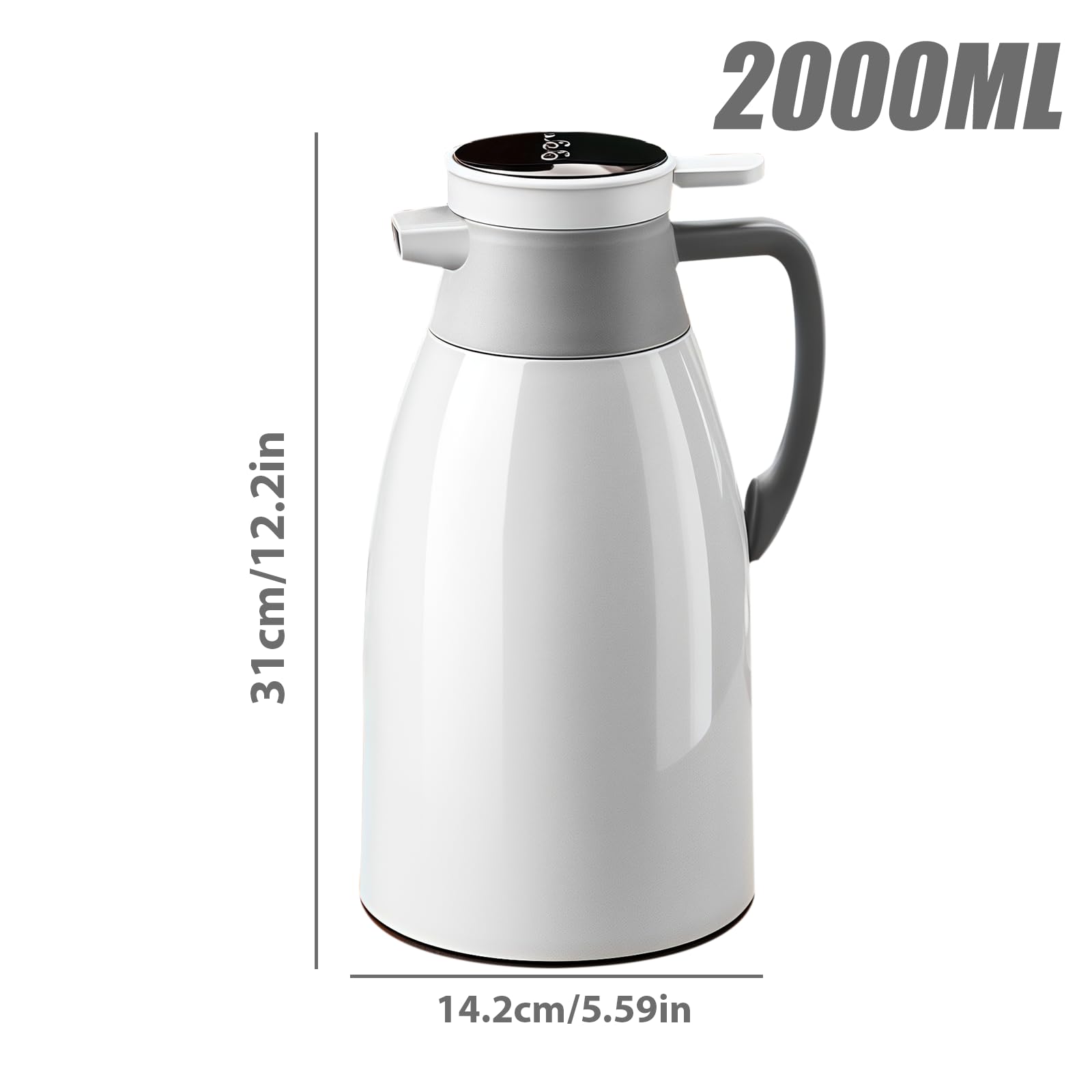 Thermos 24 ore isolamento termico: 2 l, acciaio inox, isolamento sottovuoto, indicatore intelligente temperatura, bevande calde fredde (bianco)