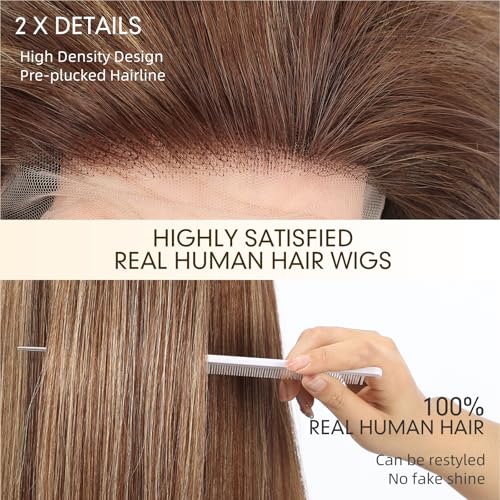Image of KKU 100% Human Hair Wig, Lace Front Wigs Human Hair Side Part,Brown Mixed Blonde Wig Human Hair, Real Human Hair Wigs for Women(16Inch)