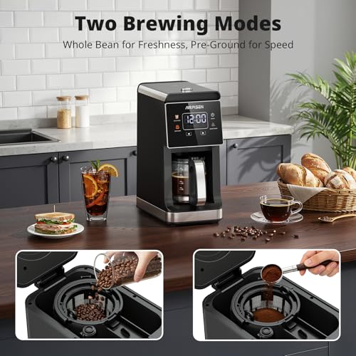 Image of AIRMSEN Grind & Brew Coffee Maker with Built-in Grinder, Programmable Single Serve Coffee Maker - 5 Cup-800ML, 3 Grind Settings, Auto Keep Warm & Glass Carafe for Small Home and Office