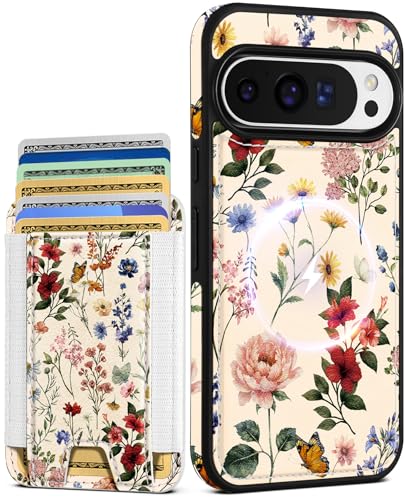 Shorogyt for Google Pixel 9/9Pro Cute Kawaii Leather Phone Case - Compatible with Magsafe Wallet Magnetic Credit Card Holder Fashion Retro Flower Design Phone Cover for Women Girls Fits 7 Cards