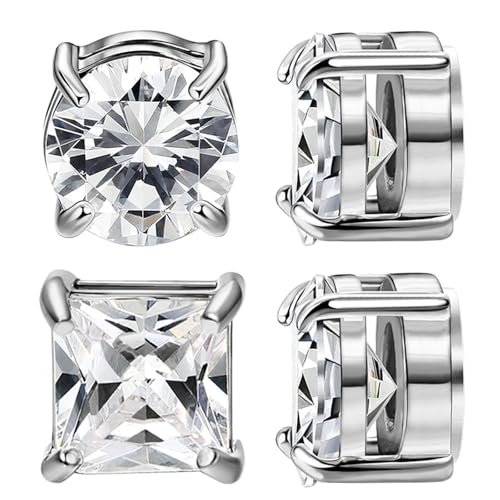 NEWITIN 2 Pairs Stainless Steel Magnetic Stud Earrings for Men Clip on Earring Magnetic Earring Unisex Non Piercing CZ Magnet Studs Diamond Earrings for Women Men
