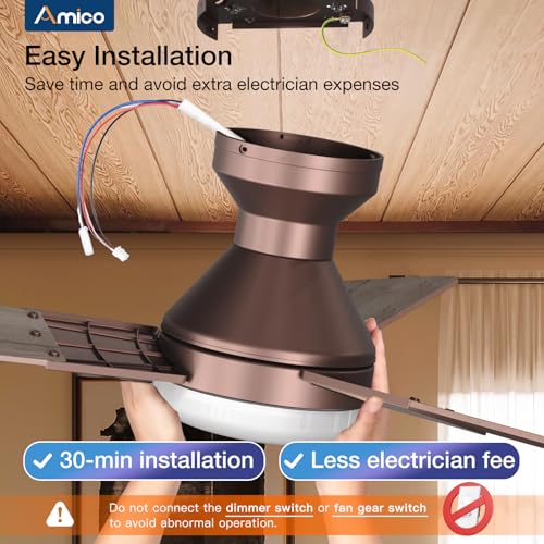 Image of Amico Ceiling Fans with Lights, 52 inch Low Profile Ceiling Fan with Light and Remote Control, Flush Mount, Reversible, 3CCT, Dimmable, Noiseless, Brown Ceiling Fan for Bedroom, Indoor /Outdoor Use