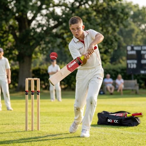 Image of Boxco Velocity Wooden Cricket Kit Includes Capsule bat (NO.6), 3 wickets, Heavy Tennis Cricket Ball, 2 bails, and Carry Bag. Perfect for Practice and Matches for Kids Aged 12 to 15.