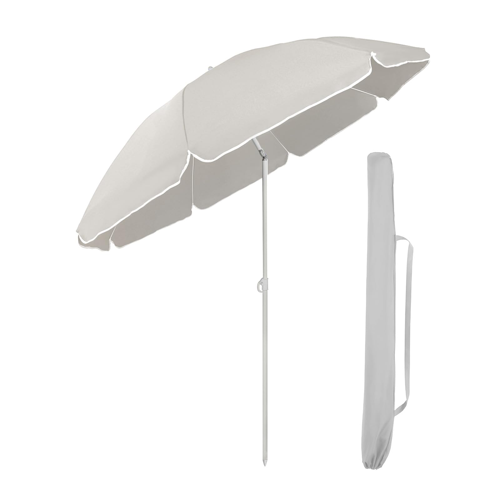 Sekey1.8m Beach Umbrella with Cover, Portable Tilting Garden Parasol Umbrella, Small Parasol for Beach/Pool/Patio, Round Sunscreen UV20+ Gray and White