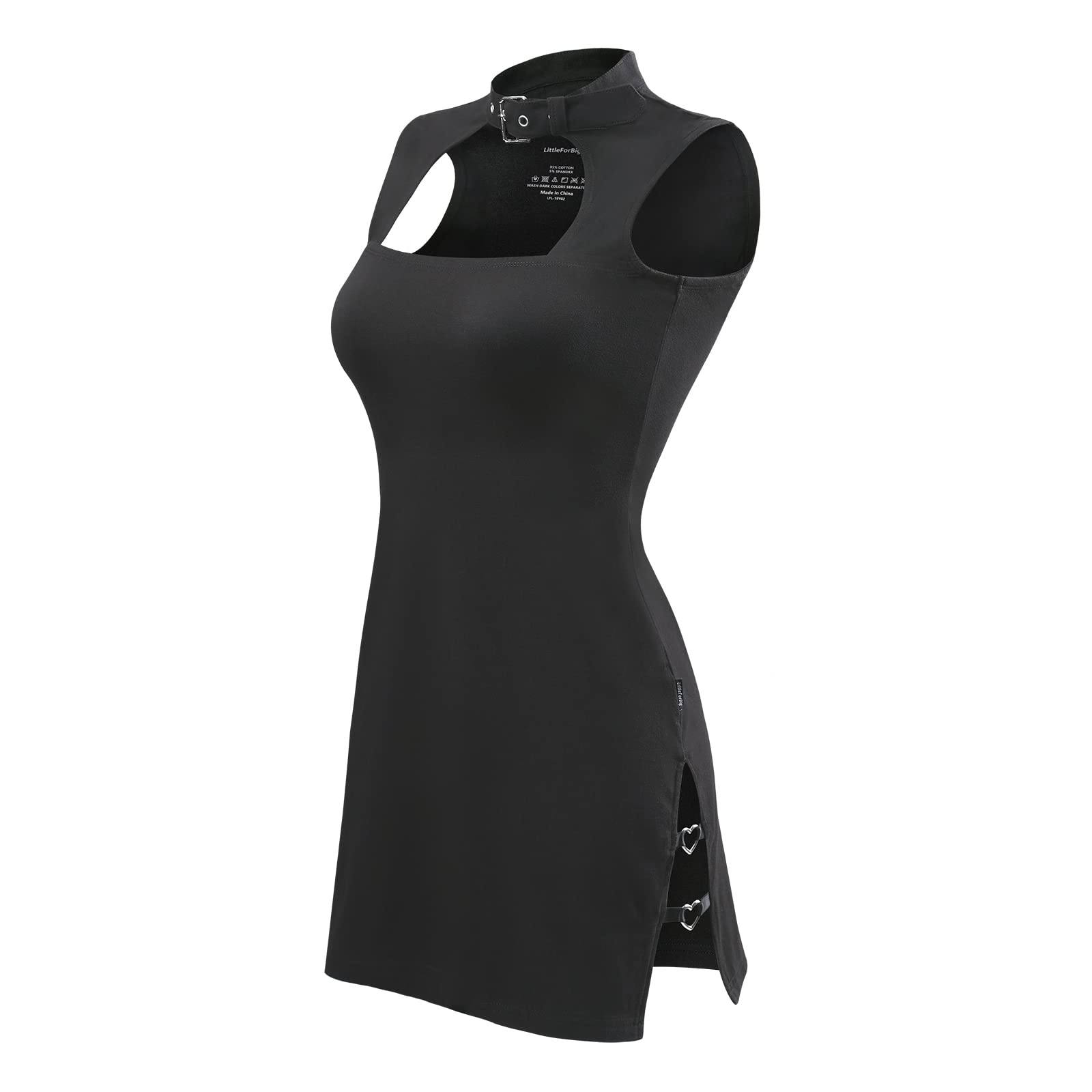 Littleforbig Women Cotton Sleeveless Cyber Goth Bodycon Collared Mini Dress Skirt: Small Black
