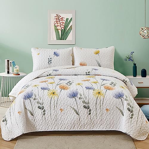 Dinjoy 3 Pieces Blue Quilt Set King Quilt Flower Bedding Set Lightweight Bedspreads & Coverlets Microfiber White King Floral Quilt With Pillowcases For Adult Womens #TOP6