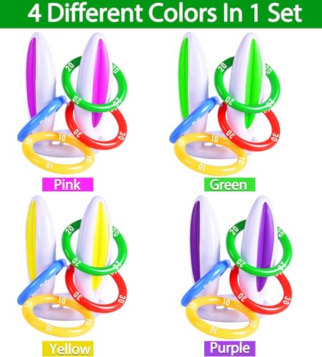 [16 Score Rings ] 4 Pack Easter Inflatable Bunny Rabbit Ears Ring Toss Game ​Easter Basket Stuffers for Kids Party Games Inflatable Gifts for Indoor Outdoor Toys Party Supplies Family Game
