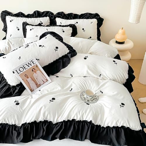 Lanqinglv Bettwäsche 135x200 Weiß Schwarz Blumen mit Rüschen,Romantisch...
