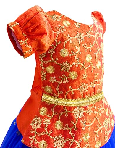 Image of Girls Designer Lehenga Choli Set Orange Rani Pink Readymade Pattu Pavadai Style Traditional Ethnic Dress for Baby Girls Kids Festive Wedding 3Months-8 Years