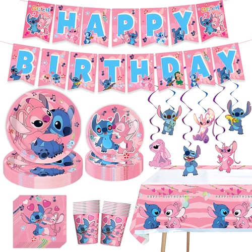 Stitch Party Supplies Birthday Party Decorations Set Includes Banner Plates Napkins Cups Hanging Swirls Tablecloth for Boys Girls Stitch Angel Party88PCS