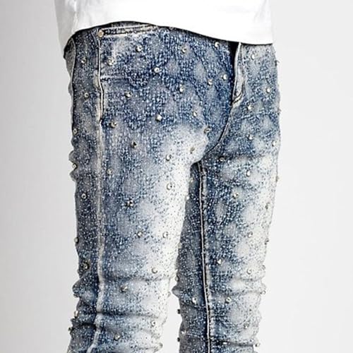 Men Stretch Faux Pearl Denim Pants Mid Rise Distressed Fashion Straight Jeans Y2K Causal Cozy Streetwear Trousers3