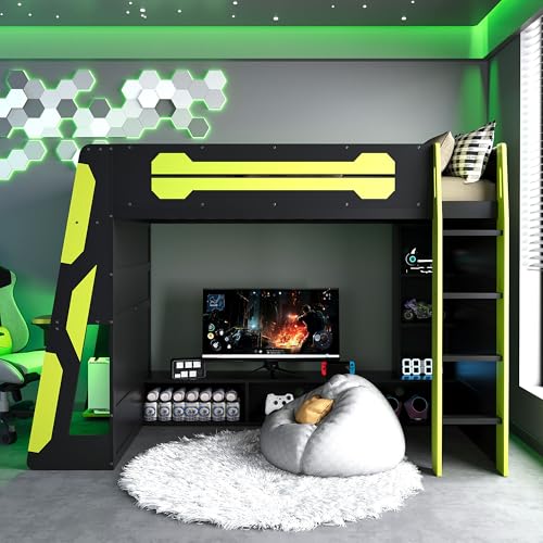 Image of Harper & Bright Designs Twin Size Wood Loft Bed with Desk and Multi-Storage Shelves, Wooden Gaming Loft Bed Frame with RGB Light, Space-Saving Bed with Safety Guardrail, Green