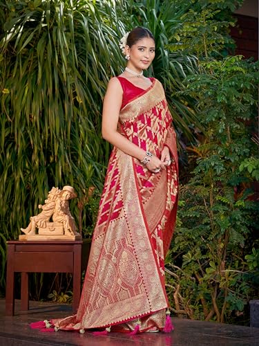 Image of MANOHARI Women's Trendy Banarasi Satin Silk Woven Saree with Heavy Jacquard Work, Elegant Design with Matching Lace Border Unstitched Blouse Piece for Weddings & Festive Occasions