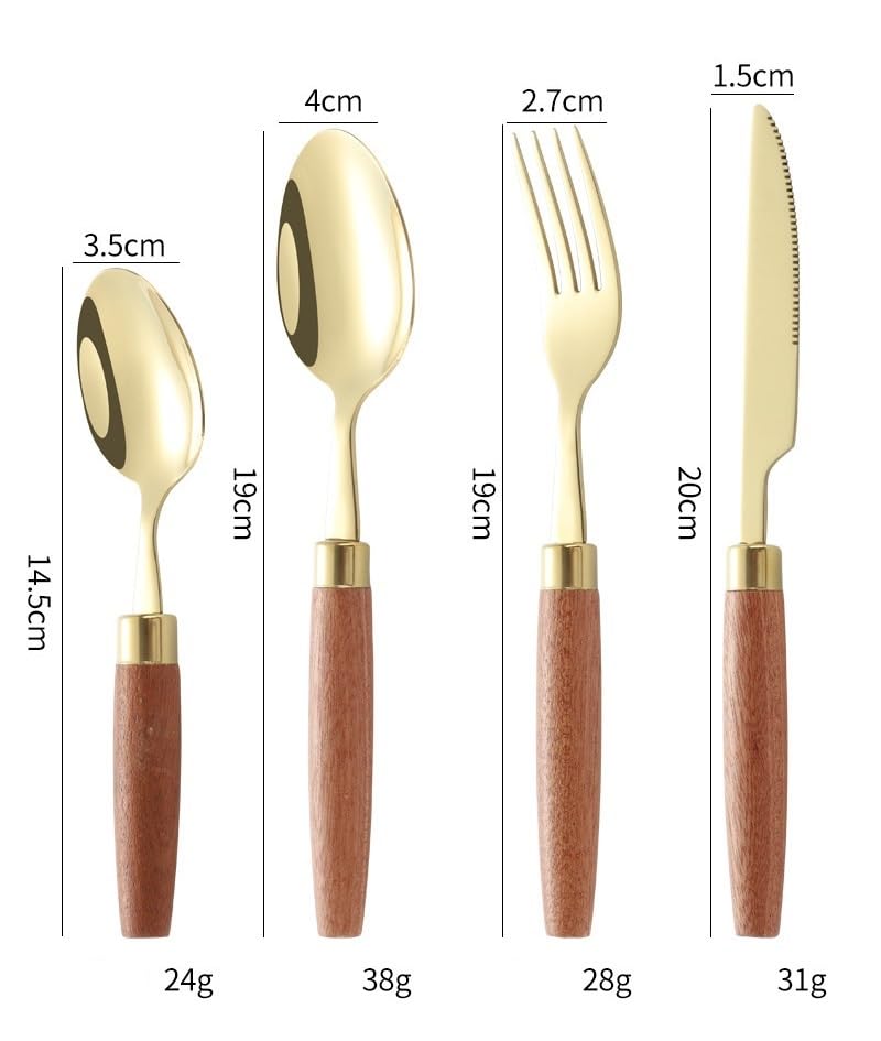 Ce Service de Couverts, composé de 4, 16, 24, 32, 40 ou 48 pièces, est en Acier Inoxydable 304 avec Manches en Bois et Finition argentée.