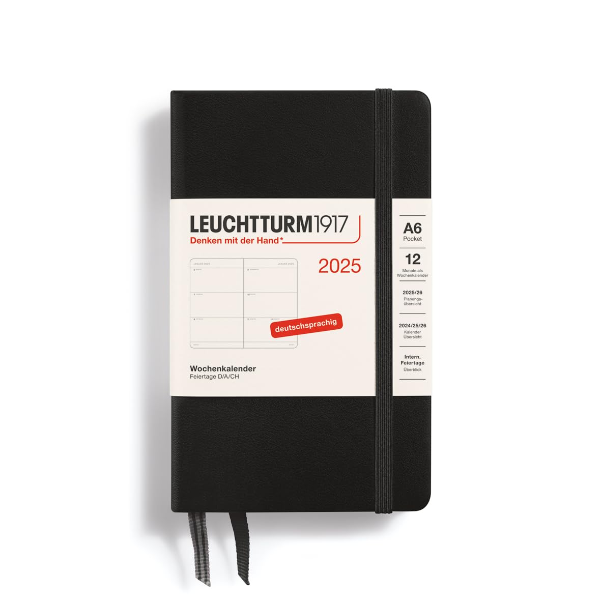 LEUCHTTURM1917 370549 Weekly Planner 2025, Pocket A6 Hardcover - 12-Month Planner, 80 g, Lined - Black
