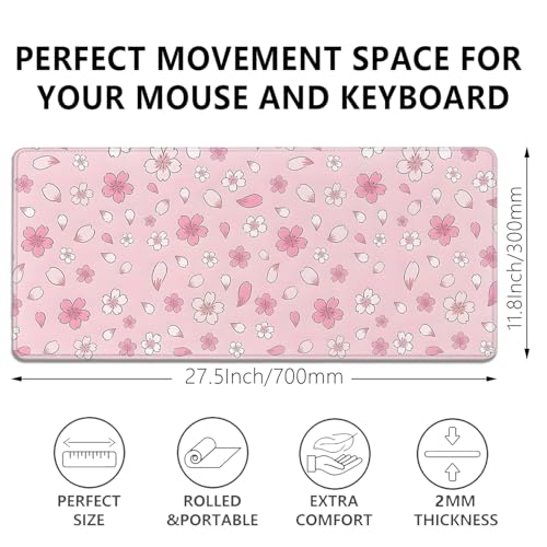 Image of Japanese Cherry Blossoms Extended Desk Pad Mouse Pad,Large Gaming Floral Mouse Mat with Stitched Edges,Non-Slip Rubber Base Mousepad for Office Computer Keyboard Laptop Home(27.5X11.8 in)