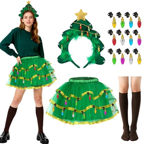 Beipegin Christmas Tree Costume Women Include Christmas Tree Skirt Headband Socks and Xmas Decorations Lights for Xmas Party