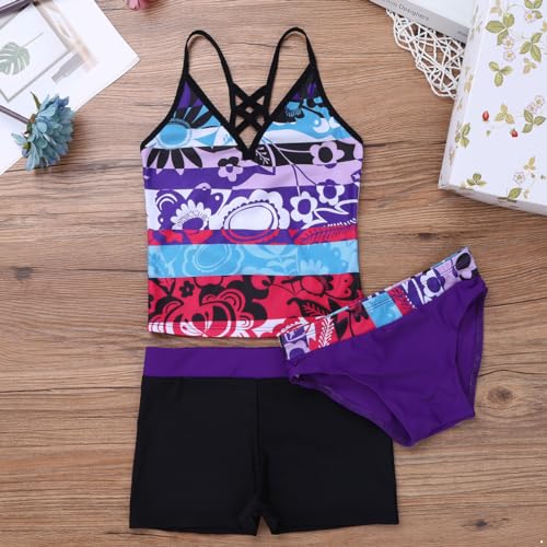 Kids Girls 3 Piece Swimwear Sleeveless Floral Printed Tops with Bottoms Shorts Set Bathing Suit Beachwear3