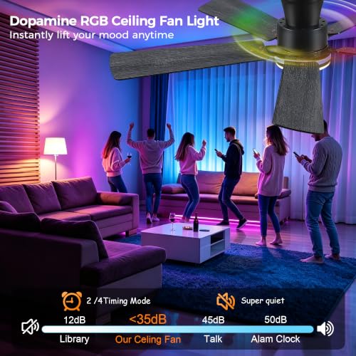 Image of JSAITEE 52in Flush Mount Ceiling Fans with Lights Low Profile, Black RGB | Ceiling Fans with Lights Flush Mount Low Profile, Reversible Motor, 3CCT Dimmable, Noiseless, 6 Speeds, Black Modern