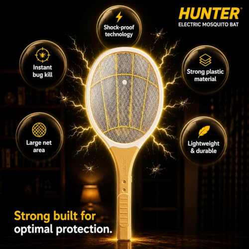 Image of HUNTER Premium Rechargeable Mosquito Swatter Bat | Electric Insect & Fly Zapper Racket | Portable Bug Killer for Home, Office & Outdoor Use, Gold, (Pack of 1)