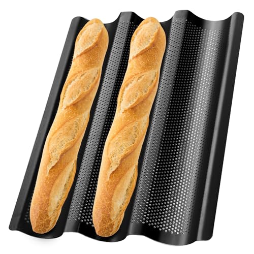 Hotec Baguette Backform für 3 Baguettes mit Antihaftbeschichtung-Ideal als Baguetteform, Brot Backen Zubehör, Baguette-Backblech(38 x 24,5 cm) Schwarz