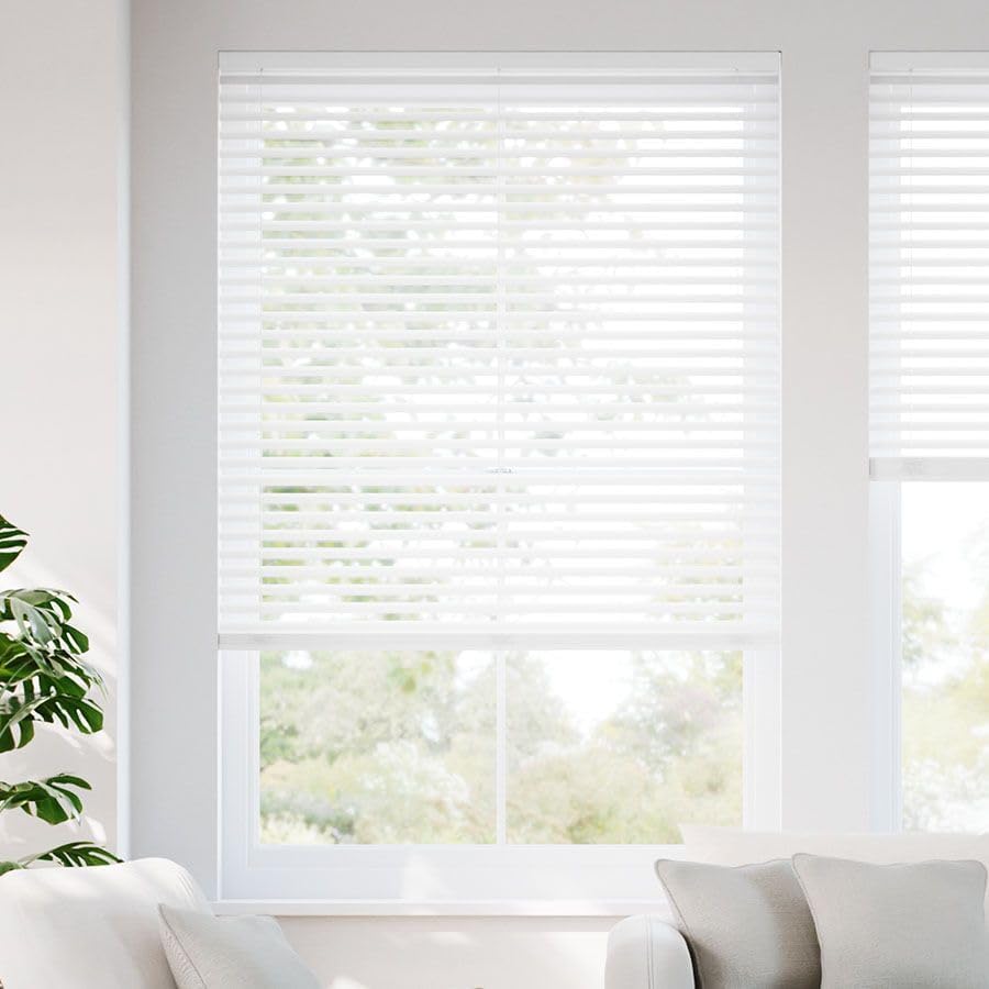 SelectBlinds 2” SWave Cordless Faux Wood Blinds – Maximum Light Control – Any Size 24-48” W x 36-72” H, No Tilt Wand, Inside or Outside Mount, White (24" W x 36" H) White 24"W x 36"H