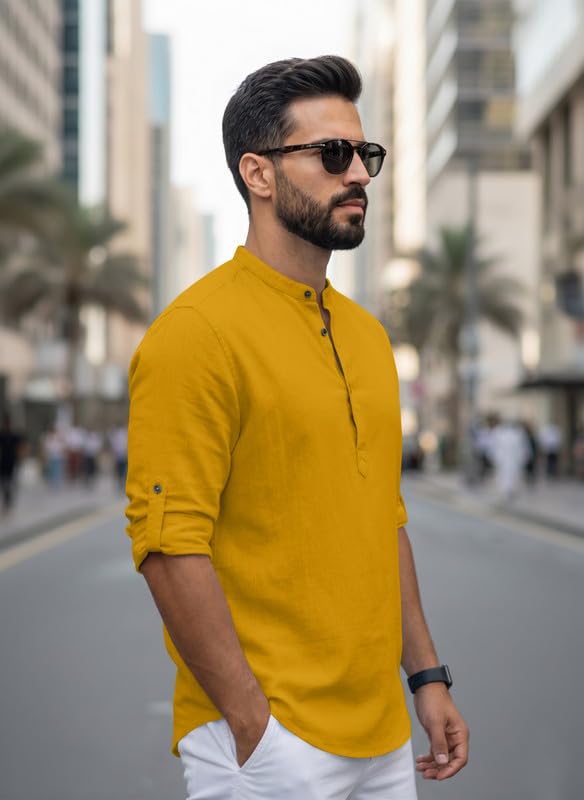 Image of Men Cotton Blend Mandarin Collar Casual Kurta Shirt | Roll-Up Sleeves | Regular Fit Ethnic Short Kurta for Daily