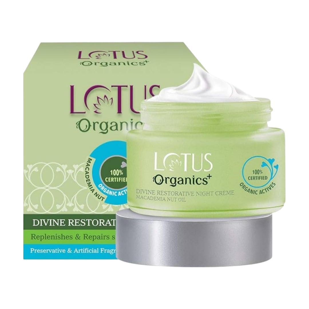 Lotus Organics+ Divine Restorative Night Face Cream | 100% Certified Organic Macadamia Nut Oil | Barrier Repairing Moisturiser | All Skin Types | For Women and Men|50g