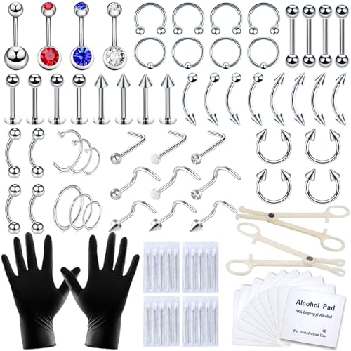 TKKUY 89 Pcs Body Piercing Kit for All Body Piercings Nose Piercing Stainless Steel Piercing Jewelry with 12G 14G 16G 20G Piercing Needles for Ear Cartilage Tragus Nose Septum Lip Eyebrow