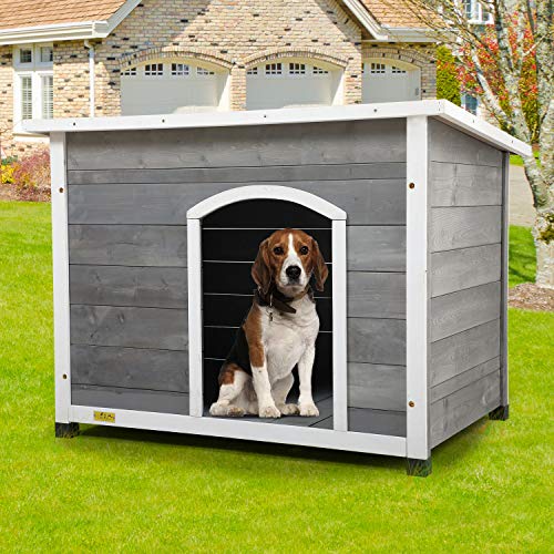 Sandinrayli Wood Dog Houses for Dogs, Weatherproof Outside Dog Kennel with Door Slanted Hinged Roof (Grey) - Thumbnail 5