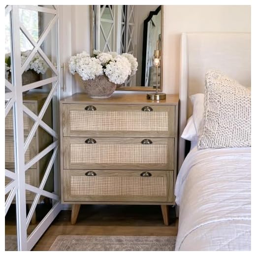 PHI VILLA Rattan Cabinet - Chest of Drawers Small Cabinet for Living Room Accent Storage Cabinet/Nightstand/Bedside Table, Rattan Dresser
