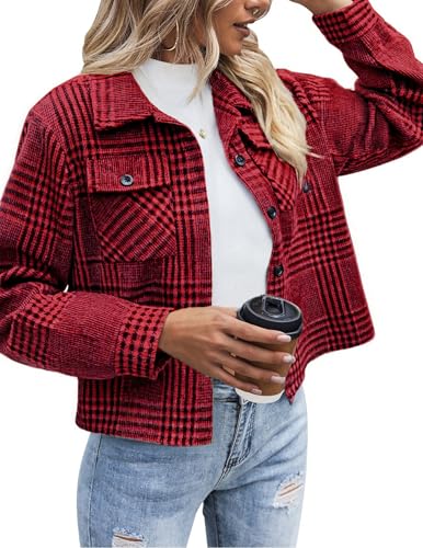 Zeagoo Flannels for Women Cropped Shacket Jacket Fashion Plaid Button Down Shirt 2025 Fall Coat Tops