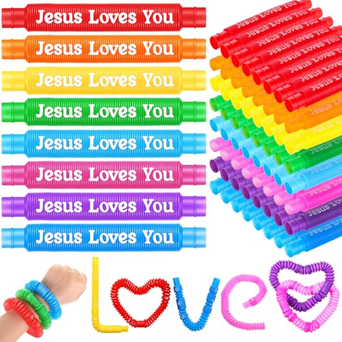 Skylety 16 Pack Jesus Loves You Pop Tubes Sensory Fidget Toys 8 Colors