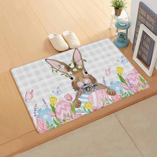 Easter Rabbits Kitchen Bath Door Mat Cushioned Runner Rug,Washable Welcome Floor Sink Antifatigue Mat,Waterproof & Non-Slip Comfort Standing Doormat,Spring Bunny Flower Easter Egg Gray Plaid 18