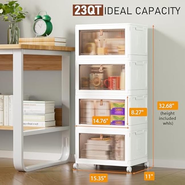 4 Tier Storage Bins with Lids, 23QT Stackable Closet Organizers and Storage with Wheels, Collapsible Storage Boxes, Foldable Plastic Storage Containers for Home,Office, Dorm Room-White