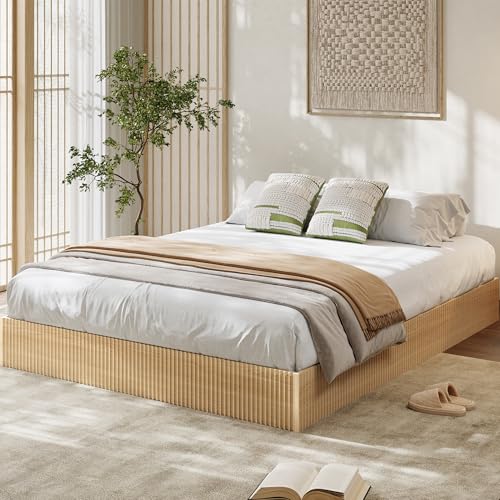 Image of GarveeHome California King Size Bed Frame, Wood Platform Bed, Fluted Bed Frame, Minimalist Bed Base with Low Profile Design, Noise-Free, Easy Assembly, No Box Spring Needed, Oak