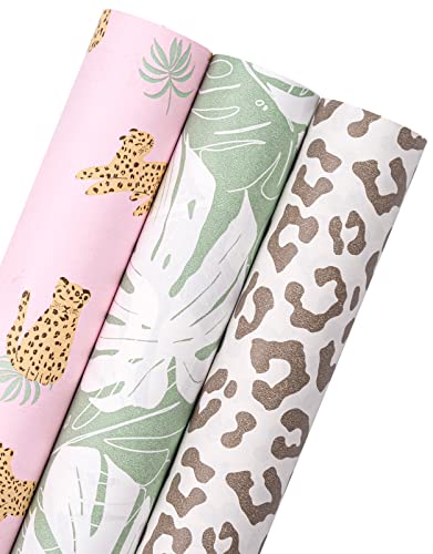 RUSPEPA Wrapping Paper 3-Roll Set - 17\" X 10\' Each, Plant, Flower & Dot Patterns
