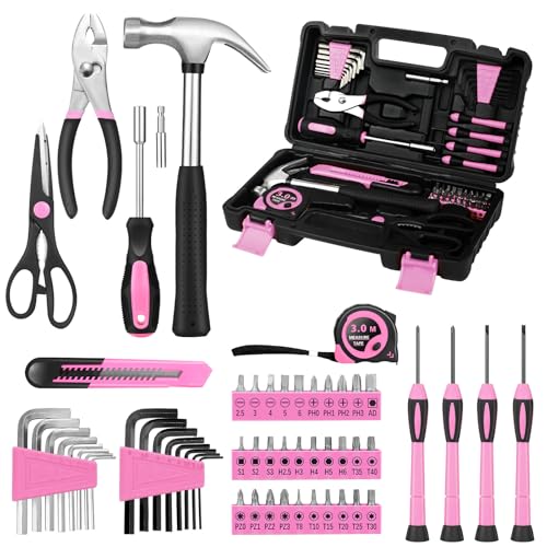 KASAFE - Ensemble de 57 outils rose - Kit de réparation de base pour la maison, kit d'outils ménagers généraux, petit kit d'outils avec boîte à outils en plastique - Mini kit d'outils pour femmes