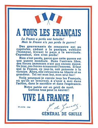 Affiche Appel 18 juin 1940 De Gaulle 50x70 en papier luxe 300g de qualité supérieure