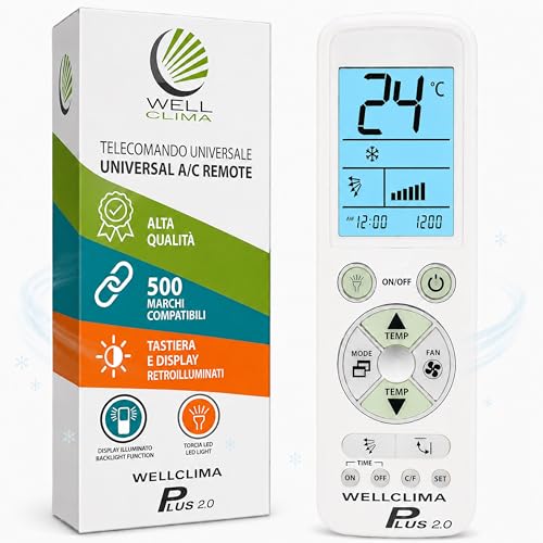 Wellclima Plus 2.0 – Telecomando Universale per Condizionatore con la Maggiore Compatibilità sul Mercato, Tastiera e Display Retroilluminati, Torcia LED, Assistenza Diretta Wellclima