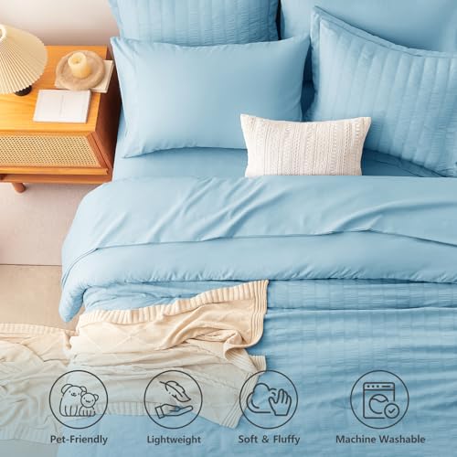 Image of CozyLux Full Size Comforter Sets Sky Blue, 7 Pieces Seersucker Textured Luxury Bed in a Bag, All Seasons Soft Bedding Sets with Down Alternative Comforter, Sheets, Pillowcases & Shams, Bedroom Bed Set