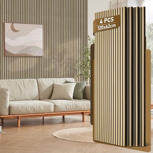 Fiqops 4 paneles acústicos de madera de 120 x 60 cm, paneles de pared de madera y fieltro, paneles de madera en bruto, revestimiento de pared de madera para estudio y hogar decoración de paredes