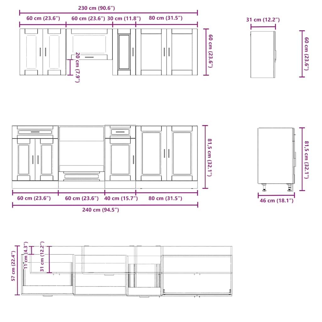 Tomostar Cuisine Complète 240 cm Sans Plan De Travail, Ensemble D'armoires De Cuisine 8 Pièces Kalmar Blanc Bois D'ingénierie