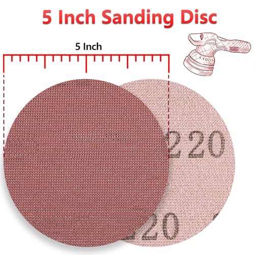 Image of 50 Pcs 5 Inch Mesh Sanding Disc for Random Orbital Sander 220 Grit | Hook and Loop, Anti-Clogging, Dust Free Round Sandpaper for Furniture Finishing, Auto Primer and Fine Paint Prep Refining