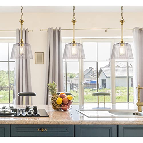 Image of Westinghouse 6130200 Aggie Transitional One Light Indoor Pendant, Brushed Brass Finish, Clear Ribbed Glass