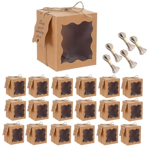 Suwyaner 50 Set Candle Gift Box Packaging Transparent for 4-10 oz Candles with 50pc Paper Thank You Tag and 98.43 ft Hemp Rope for Wedding Birthday Baby Shower Party Favor 3.35x 3.35x 3.94in (Brown)