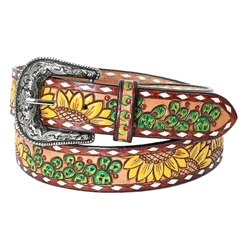 American Darling Medium Beautifully Hand Tooled Tan Genuine Leather Belt Men and Women Western with Removable Buckle