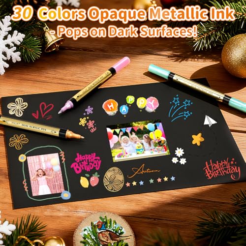 Image of IVSUN Metallic Marker Pens, 30 Metallic & 30 Regular Colors Dual Tip Acrylic Paint Pens for Black Paper, Photo Album, Rock Painting, Wood, Card Making, DIY Crafts, Scrapbook Supplies