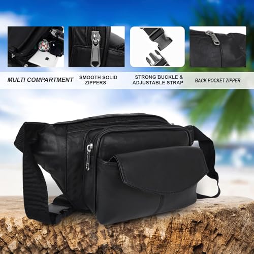 Image of Premium Leather Waist Bag for Men | Stylish Belt Bag with Multiple Pockets | Travel, Running, Daily Use Crossbody Fanny Pack (Black)