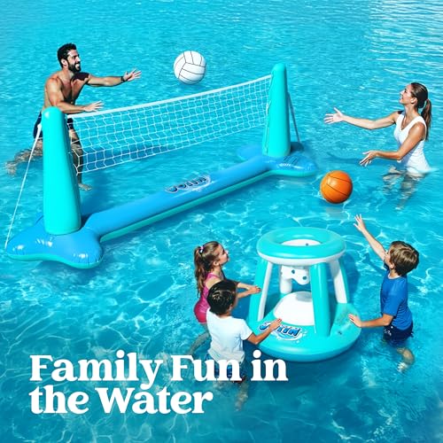 Image of JOYIN XL Inflatable Pool Float Set, 125'' Volleyball Net & Basketball Hoops, Extra Large Floating Swimming Game Toy for Kids and Adults, Summer Floaties, Volleyball Court|Basketball, XL-Blue, Cyan